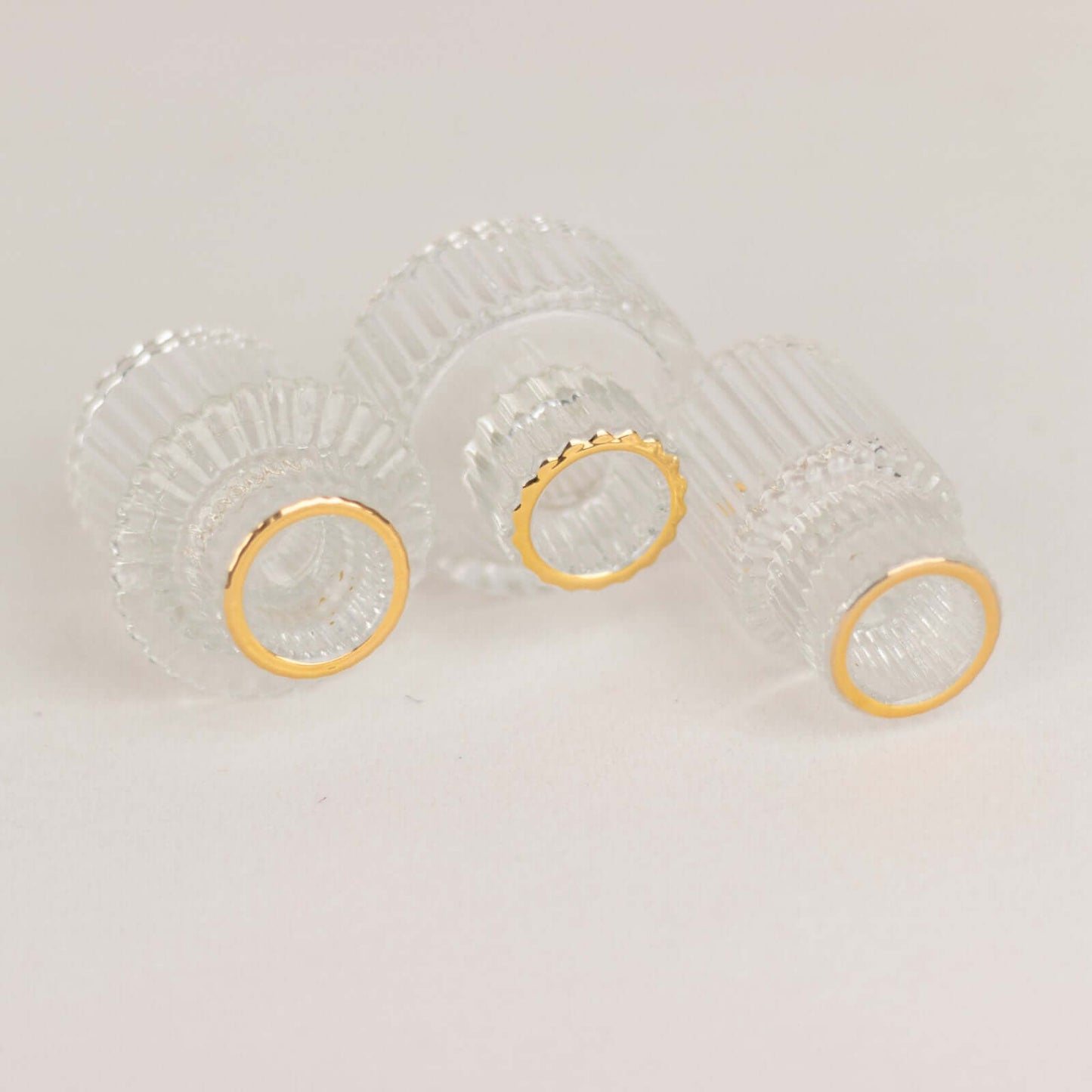 Set of 6 Glass Taper Candle Holders Ribbed Crystal Design with Gold Rim Clear - Reversible Mini Votive Tealight Stands 3"