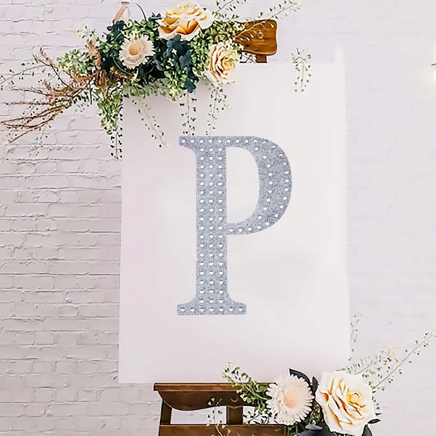 Decorative Rhinestone Alphabet "P" Letter Stickers, Glitter Adhesive Craft Letters Silver DIY Sparkle Embellishments 8"