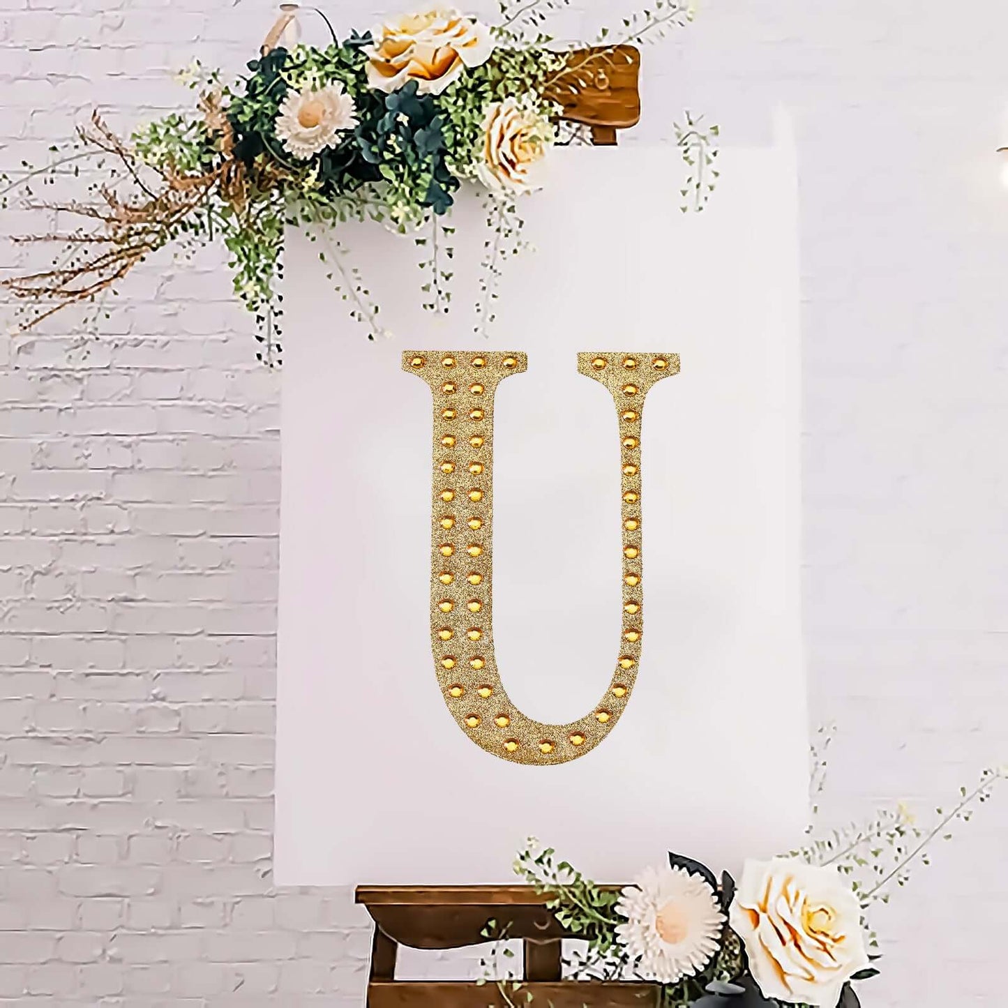 Decorative Rhinestone Alphabet "U" Letter Stickers, Glitter Adhesive Craft Letters Gold DIY Sparkle Embellishments 8"