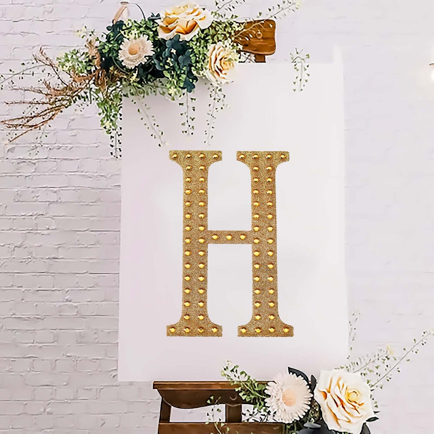 Decorative Rhinestone Alphabet "H" Letter Stickers, Glitter Adhesive Craft Letters Gold DIY Sparkle Embellishments 8"