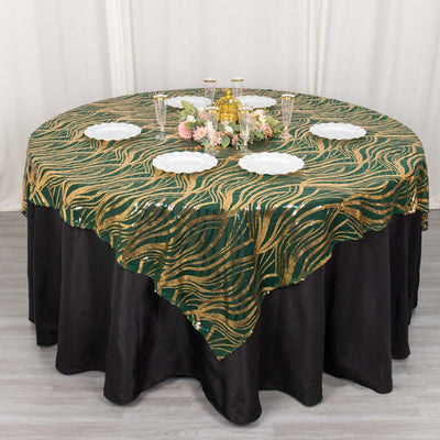 Mesh 72"x72" Table Overlay Square Tablecloth Hunter Emerald Green - Wave Embroidered Sequins Table Topper