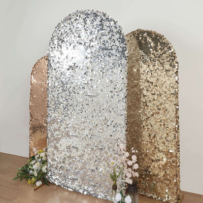 7ft Sparkly Silver Double Sided Big Payette Sequin Chiara Backdrop Stand Cover For Fitted Round Top Wedding Arch