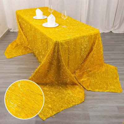 Polyester 90"x156" Rectangle Tablecloth Gold Metallic Fringe Shag Tinsel Design Table Cover for Events Decor