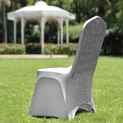 Spandex Chair Cover with Metallic Shimmer Tinsel Back for Banquet Chairs Silver - Fitted Slipcover
