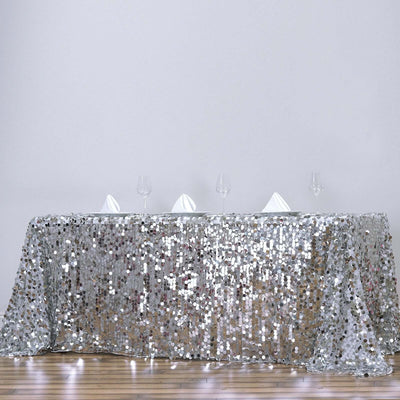 Sequin 90"x156" Rectangle Tablecloth Silver - Seamless Big Payette Table Cover