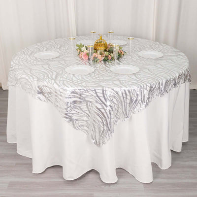 Mesh 72"x72" Table Overlay Square Tablecloth Silver - Wave Embroidered Sequins Table Topper