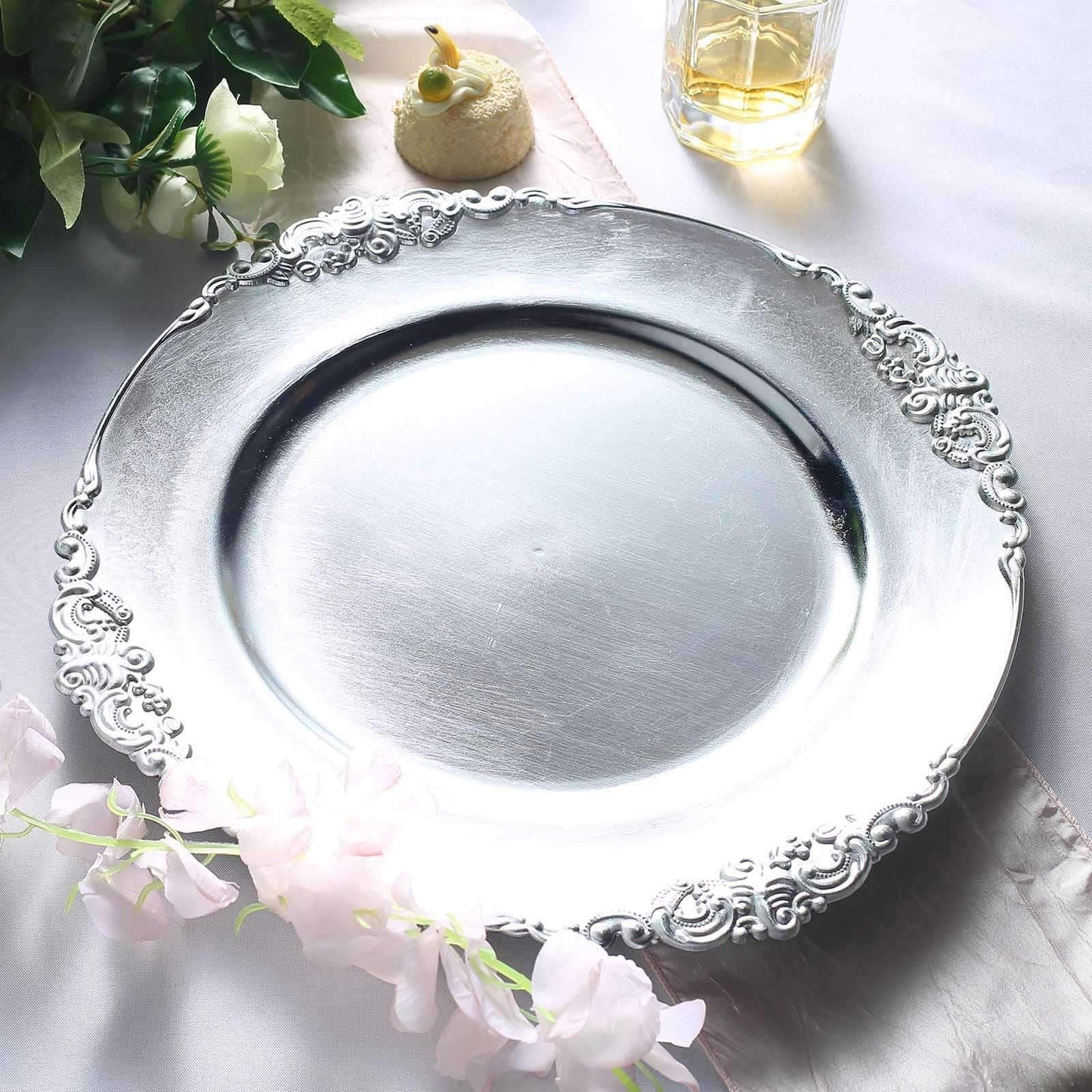 6-Pack Acrylic Round Charger Plates 13" in Silver with Embossed Baroque Rim, Antique Decorative Dinner Party Charger Tableware