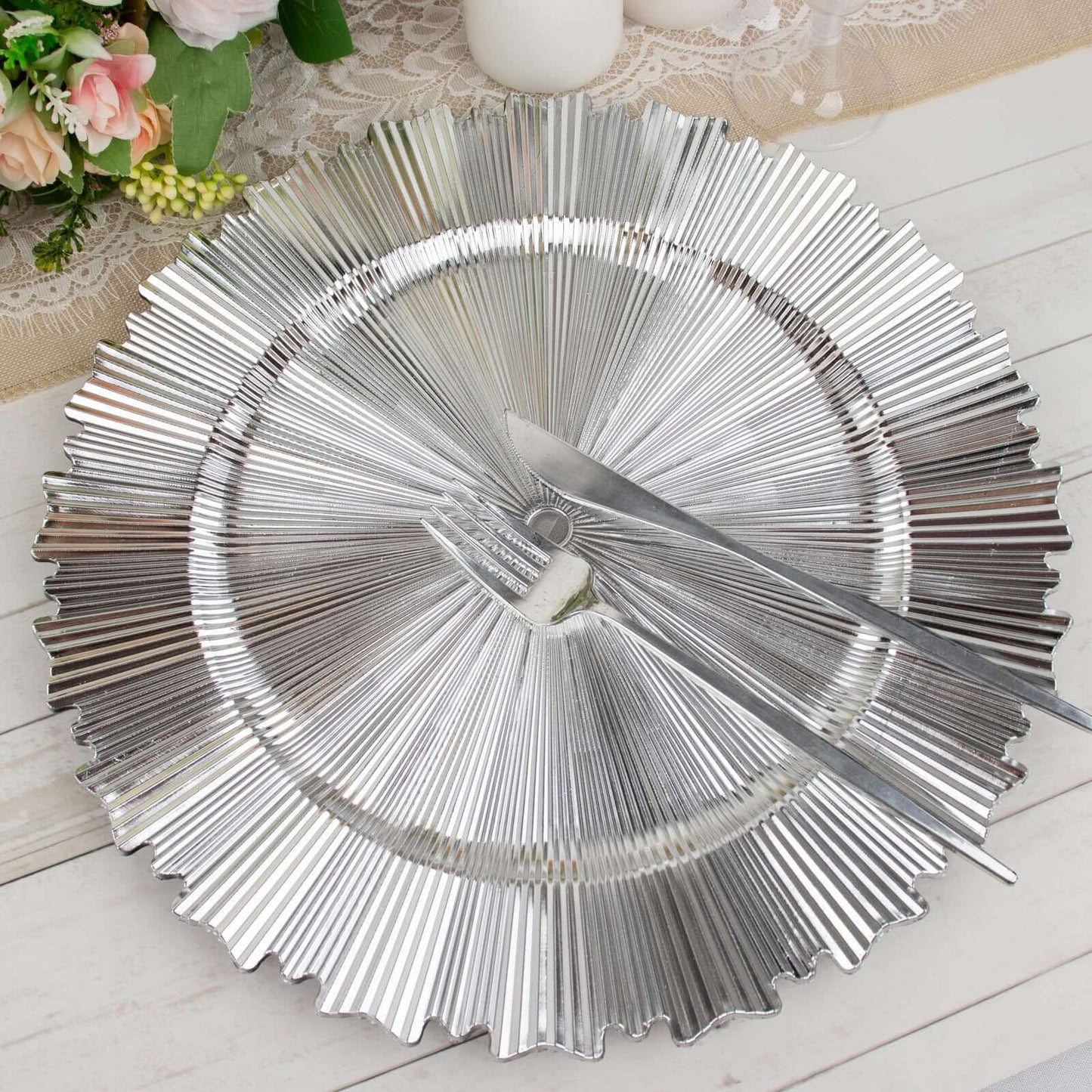 6-Pack Acrylic Plastic Round Charger Plates 13" in Metallic Silver with Sunray Scalloped Rim, Decorative Dinner Party Charger Tableware
