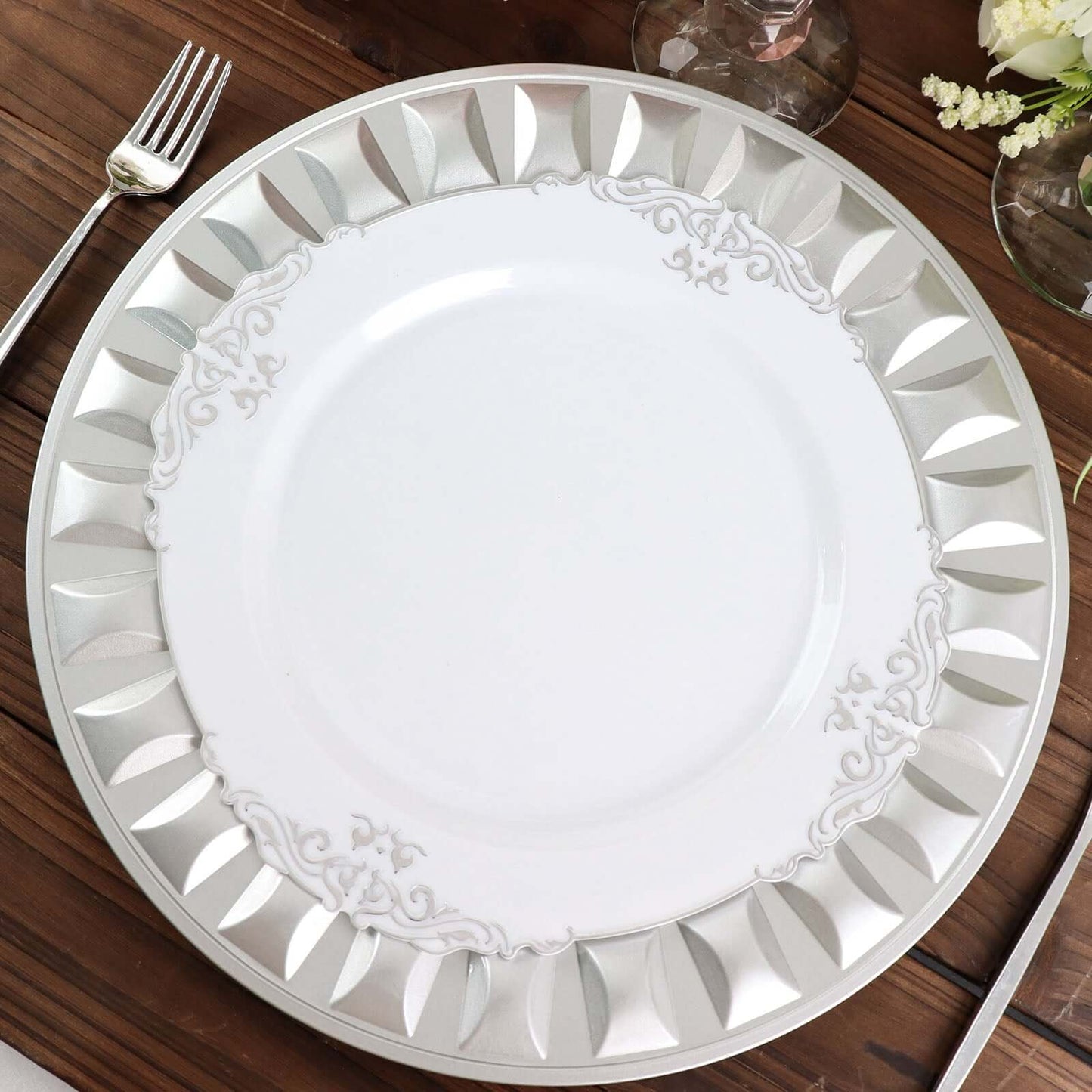 6-Pack Plastic Round Charger Plates 13" in Silver with Bejeweled Rim, Luxe Decorative Dinner Party Charger Tableware