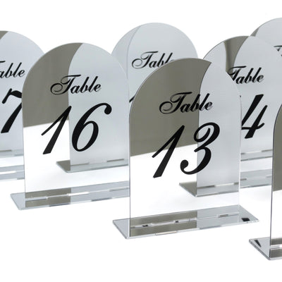 Silver Mirror Arch Acrylic Table Numbers (11-20) - 6’’x7’’ Wedding Reception Signs with Black Print & Stands