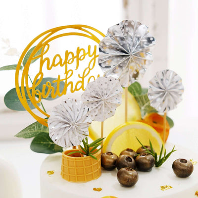 6 Pcs Happy Birthday Cake Topper Silver/Gold - Fun Cake Decoration with 4 Mini Paper Fans & Confetti Balloon for Themed Parties & Special Occasions