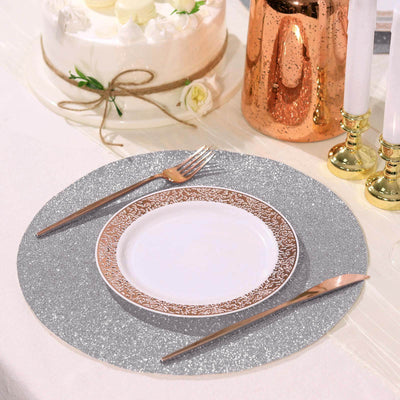 6-Pack Placemats Glitter Design Silver Sparkle Round - Non-Slip Decorative Dining Table Mats 13"