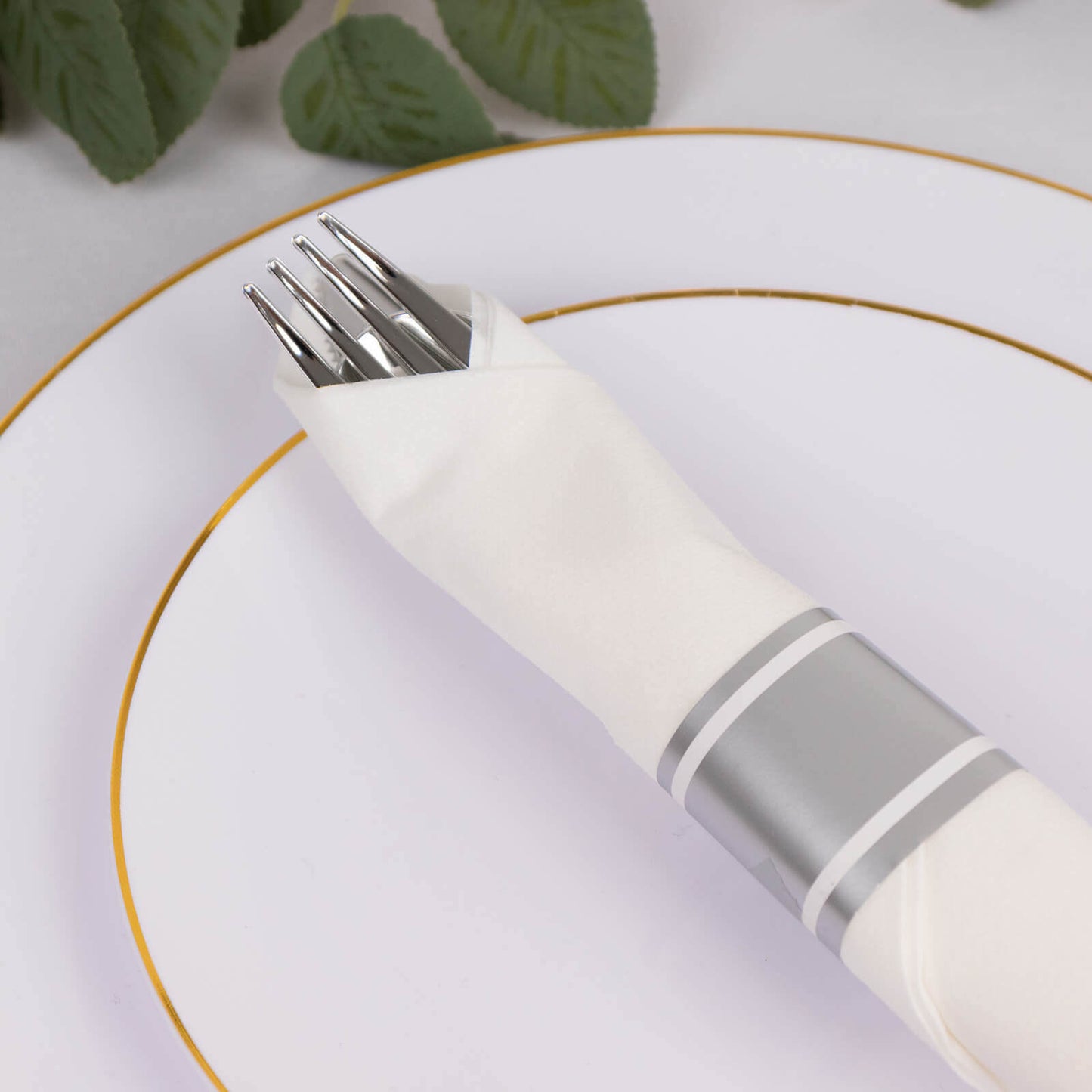 Set of 24 Silver Plastic Silverware with Pre-Rolled White Paper Napkins - Disposable Wrapped Fork, Spoon, and Knife Set