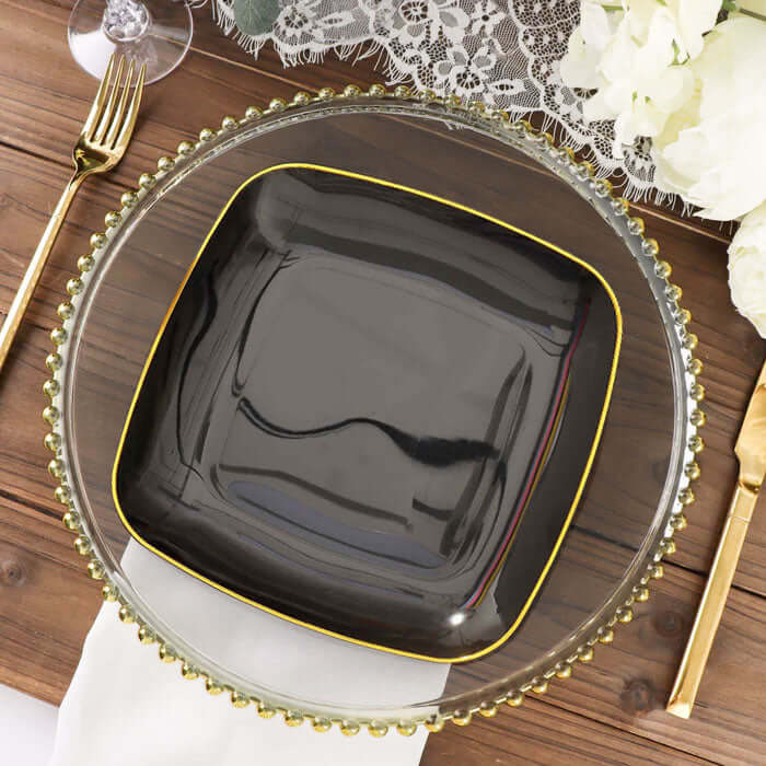 10-Pack Plastic 10" Square Dinner Plates in Black with Gold Rim - Classy Disposable Lunch Party Plates