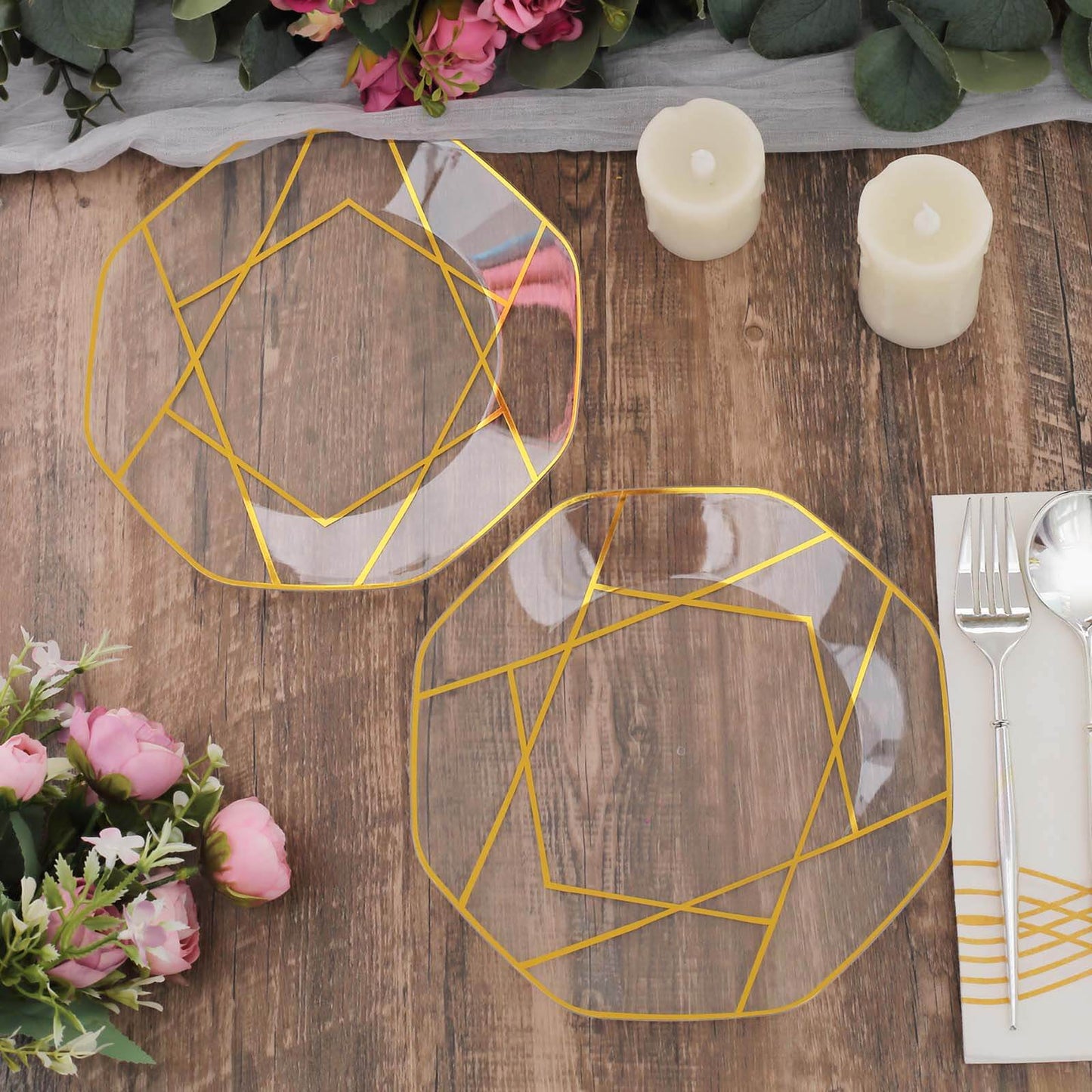 10-Pack Plastic 8" Octagon Dessert Plates in Clear - Modern Disposable Salad/Appetizer Plates with Gold Geometric Design for Special Occasions & Celebrations