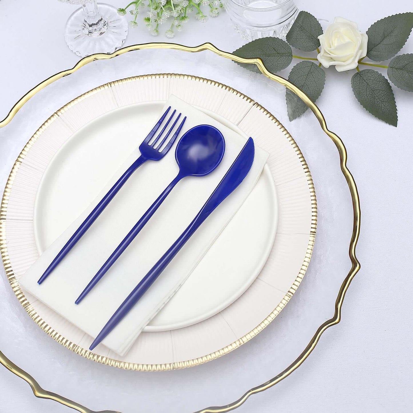 50-Pack Plastic Utensil Set Royal Blue - Premium Disposable Heavy Duty Sleek Flatware