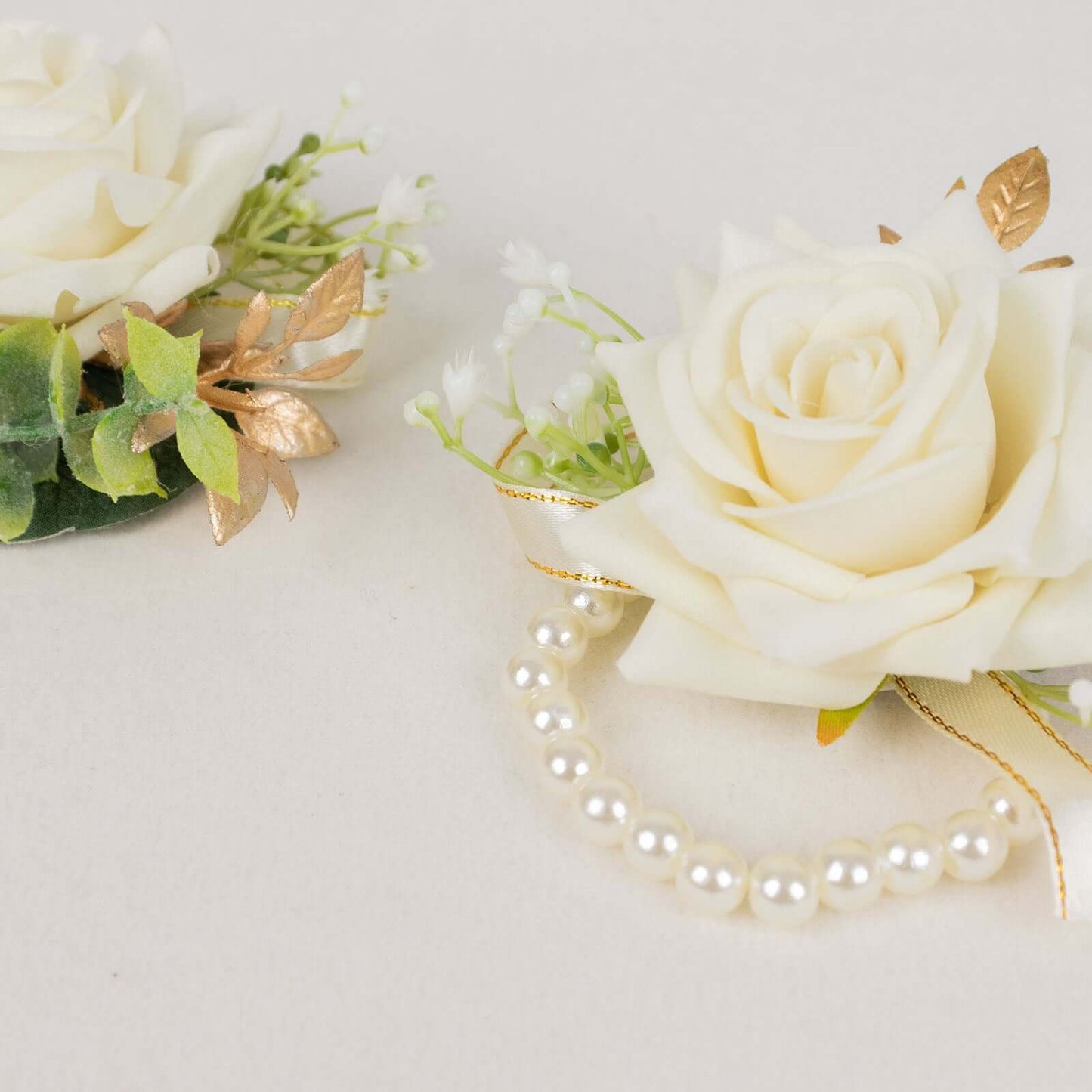 2 Pack White Artificial Rose Wrist Corsages With Pearls, 4" Flower Bracelet Wedding Accessories
