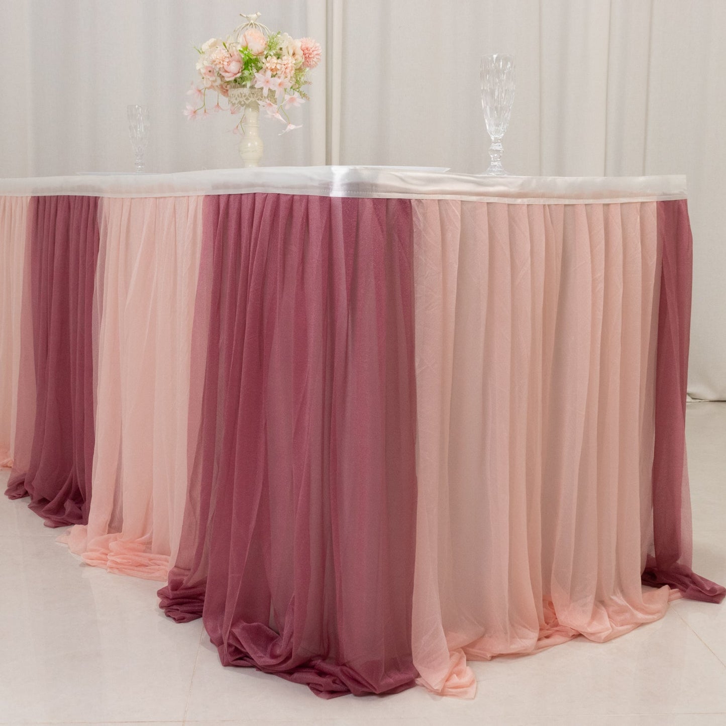 14ft Sheer Pleated Ruffle Skirting Chiffon Table Skirt - Mauve and Blush, Shimmer Sheer, Wrinkle-Free Fabric