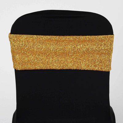 5 Pack Metallic Shimmer Tinsel Spandex Chair Sashes Gold - Durable and Reusable Stretch Chair Bands for Dazzling Event & Party Decor