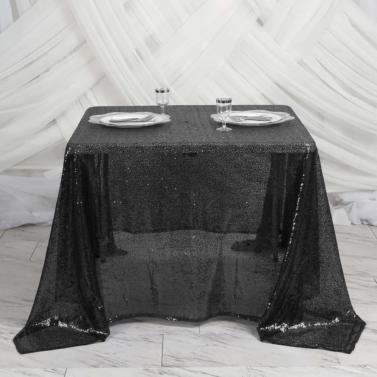 Sequin 90"x90" Table Overlay Square Tablecloth Black - Sparkly Table Cover