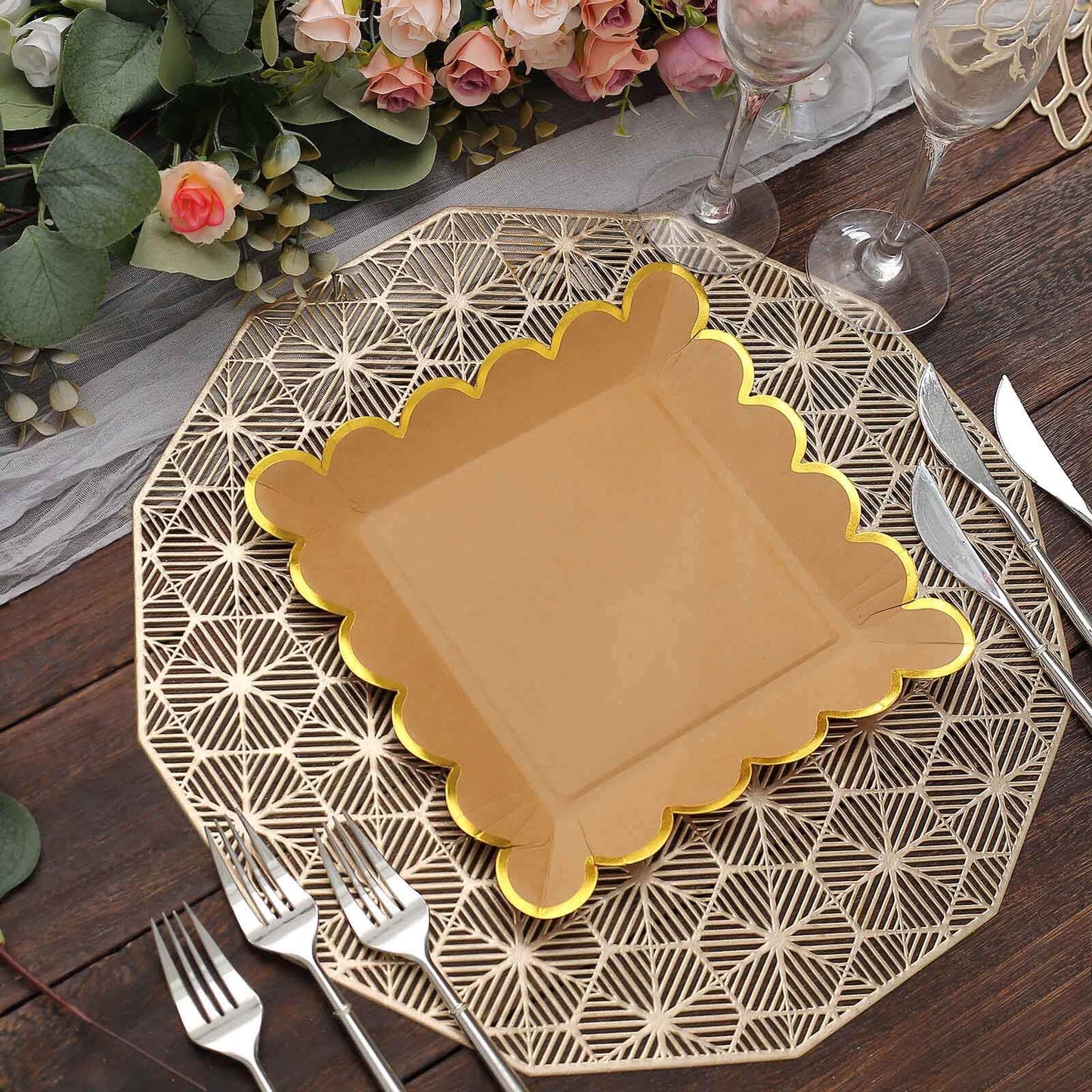 25-Pack Paper 9" Square Dinner Plates in Natural Brown with Gold Scalloped Rim - Disposable Party Plates for Rustic Gatherings & Chic Events
