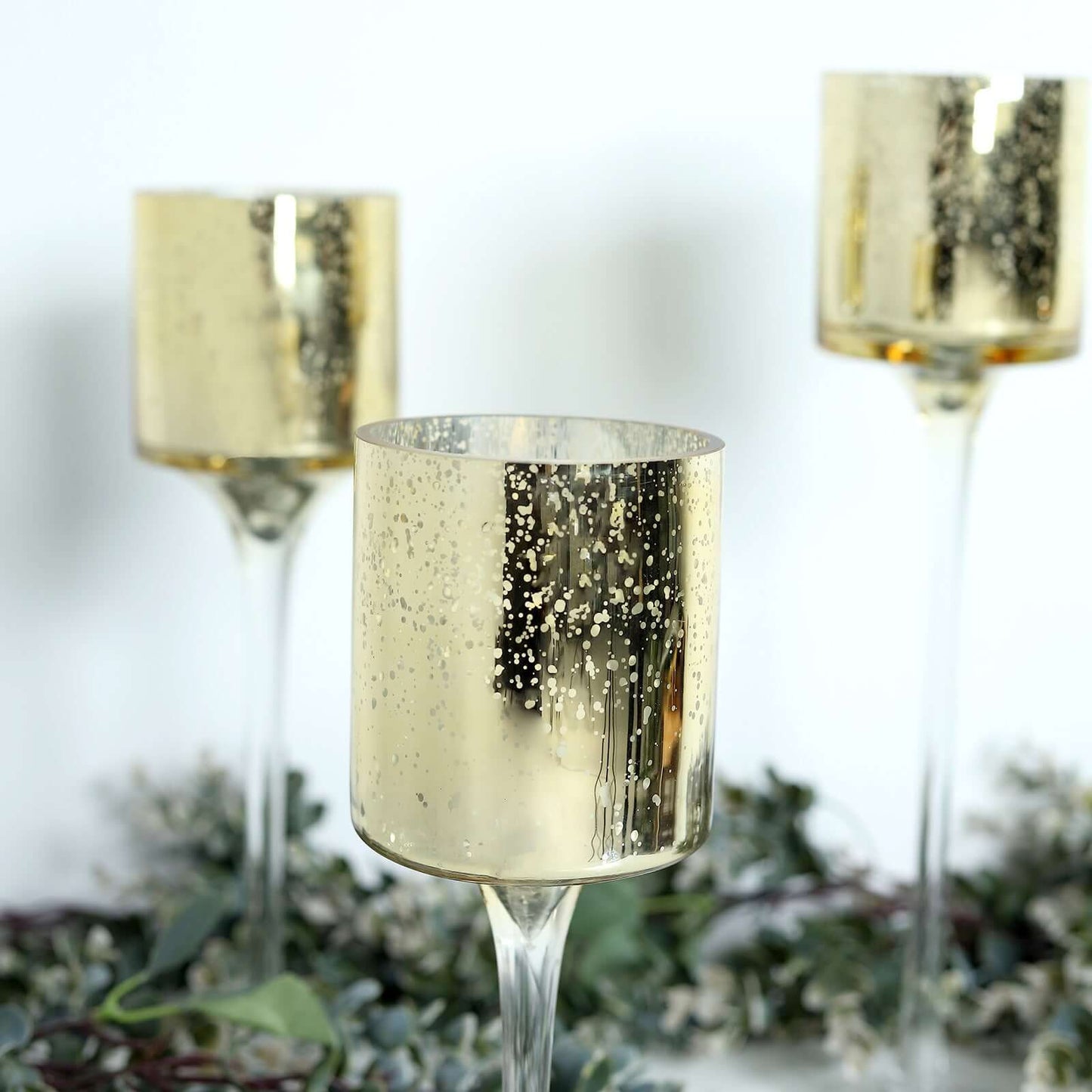 Set of 3 Glass Cylinder Vases Long Stem Gold - Decorative Candle Holder Floral Centerpieces 12", 14", 16"