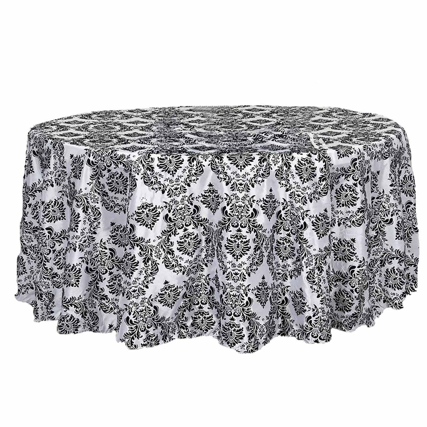 Taffeta 120" Round Tablecloth Black - Seamless Velvet Flocking Damask Design for Sophisticated Gatherings