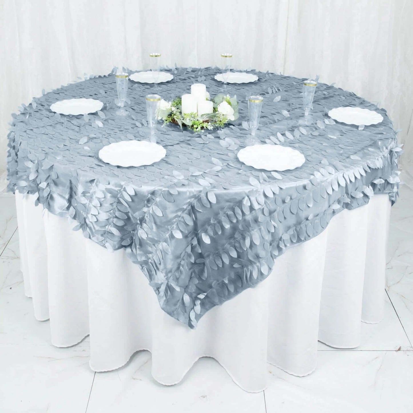Taffeta 72"x72" Table Overlay Square Tablecloth Dusty Blue - 3D Leaf Petal Table Cover
