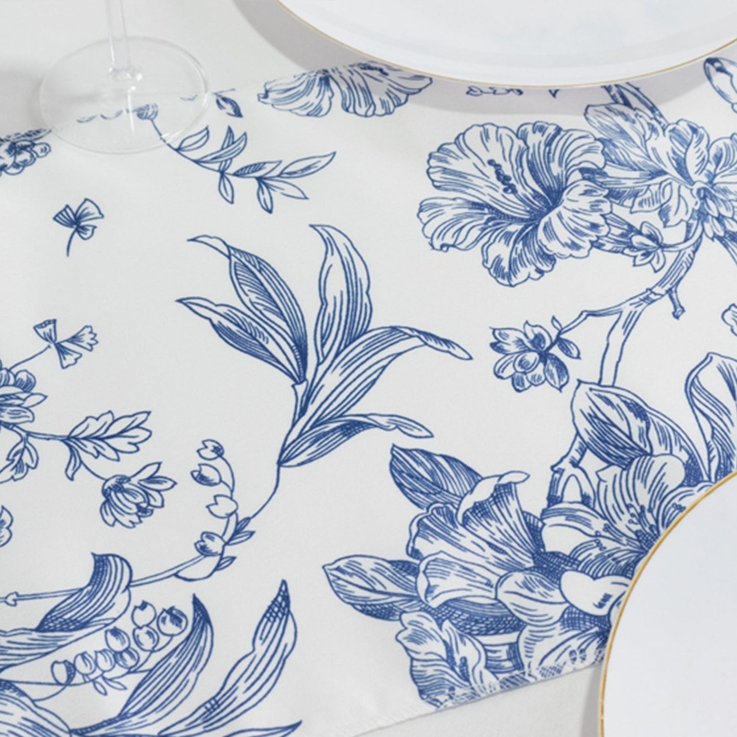 Polyester Table Runner 12"x108" White with Blue French Toile Floral Print - Stylish Reusable Table Décor