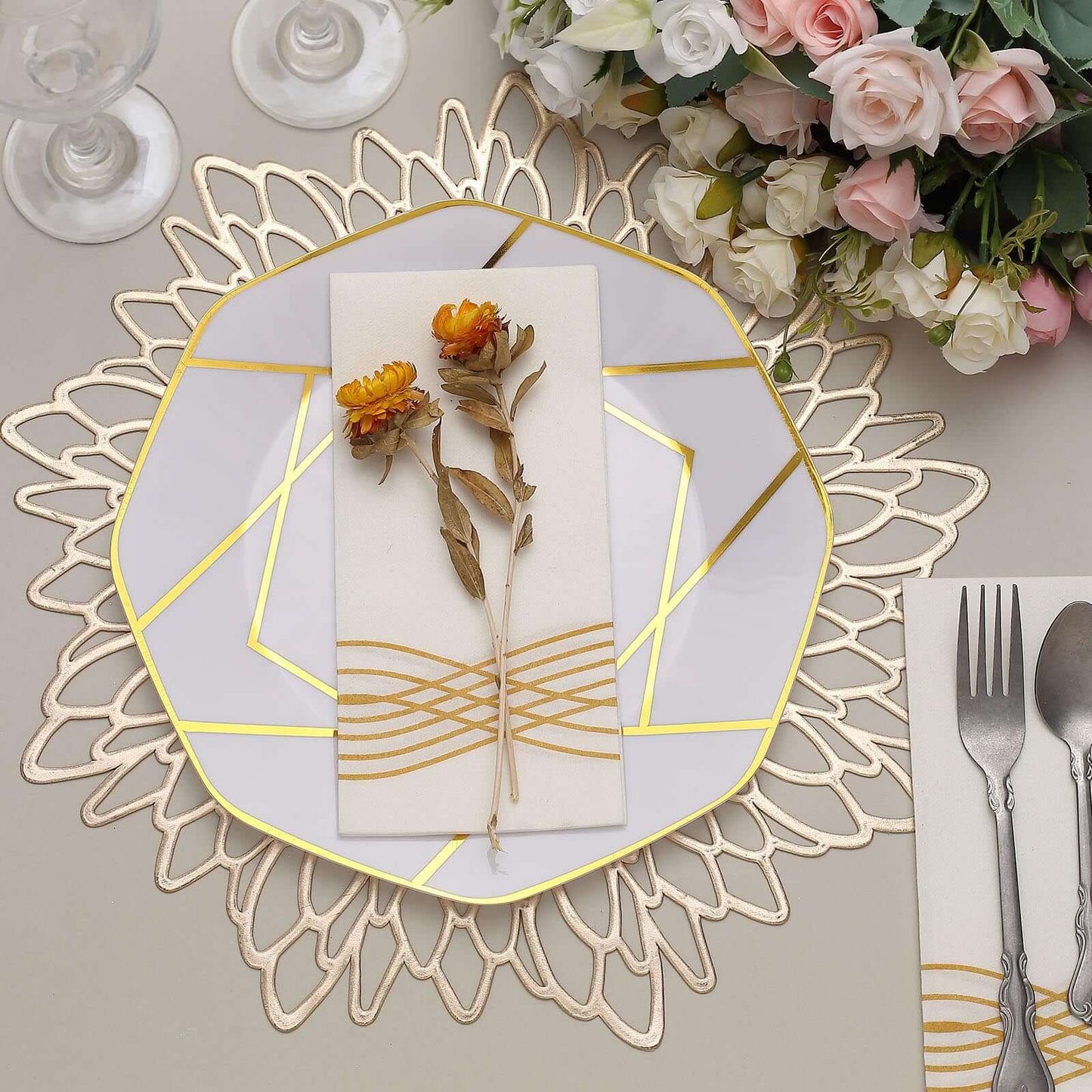 10-Pack Plastic 10" Octagon Dinner Plates in White - Modern Disposable Party Plates with Gold Geometric Design for Special Occasions & Celebrations