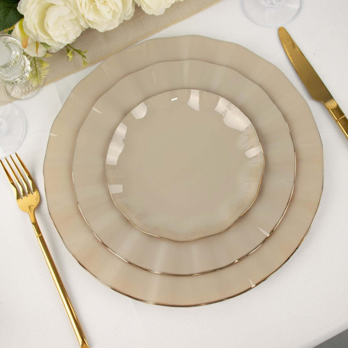 10-Pack Plastic 11" Round Dinner Plates in Taupe Ruffled Rim with Gold Edging - Sturdy Disposable Dinnerware