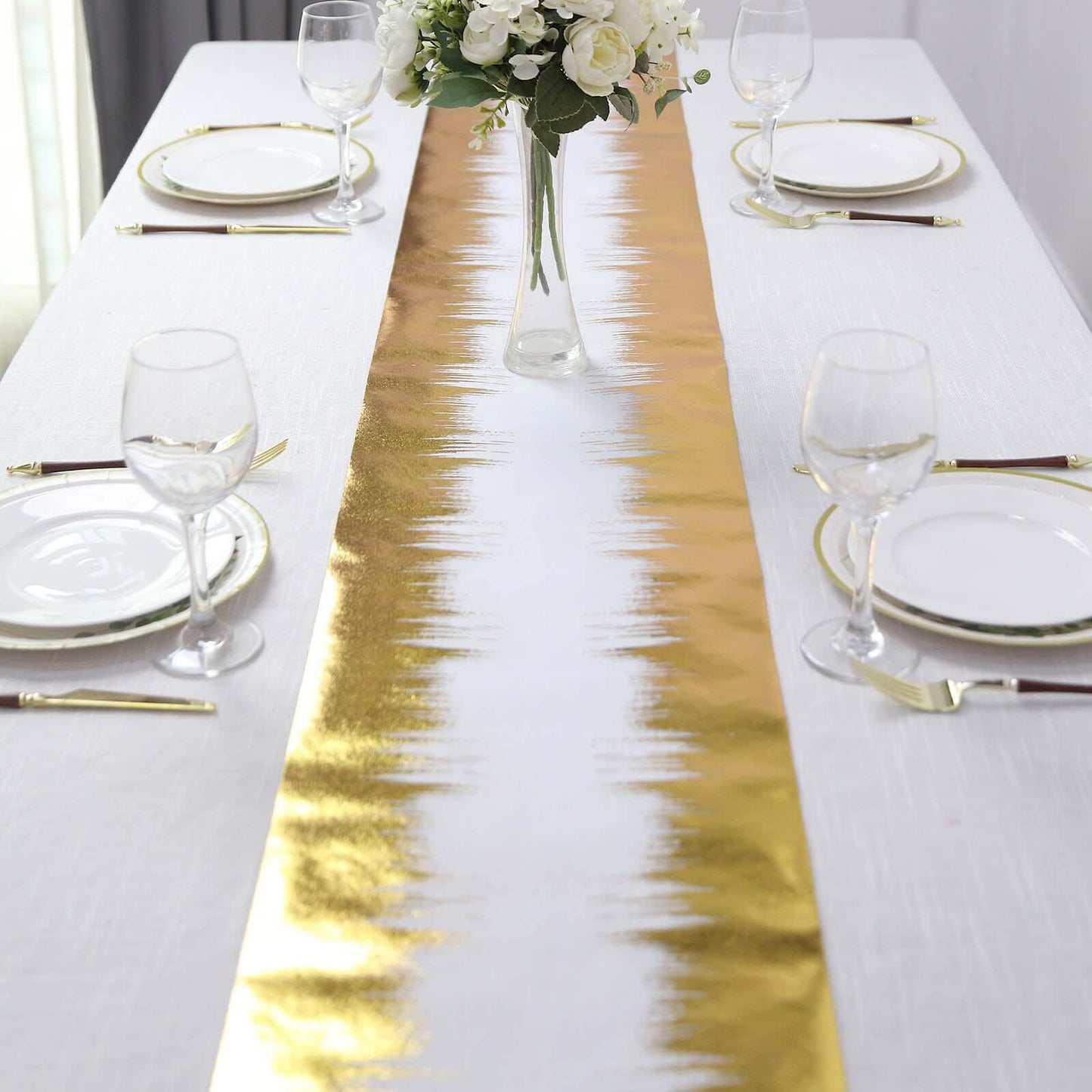Disposable Table Runner Roll 108" Metallic Gold Foil Icicle Pattern - Stylish Non-Woven Table Decor for Special Occasions