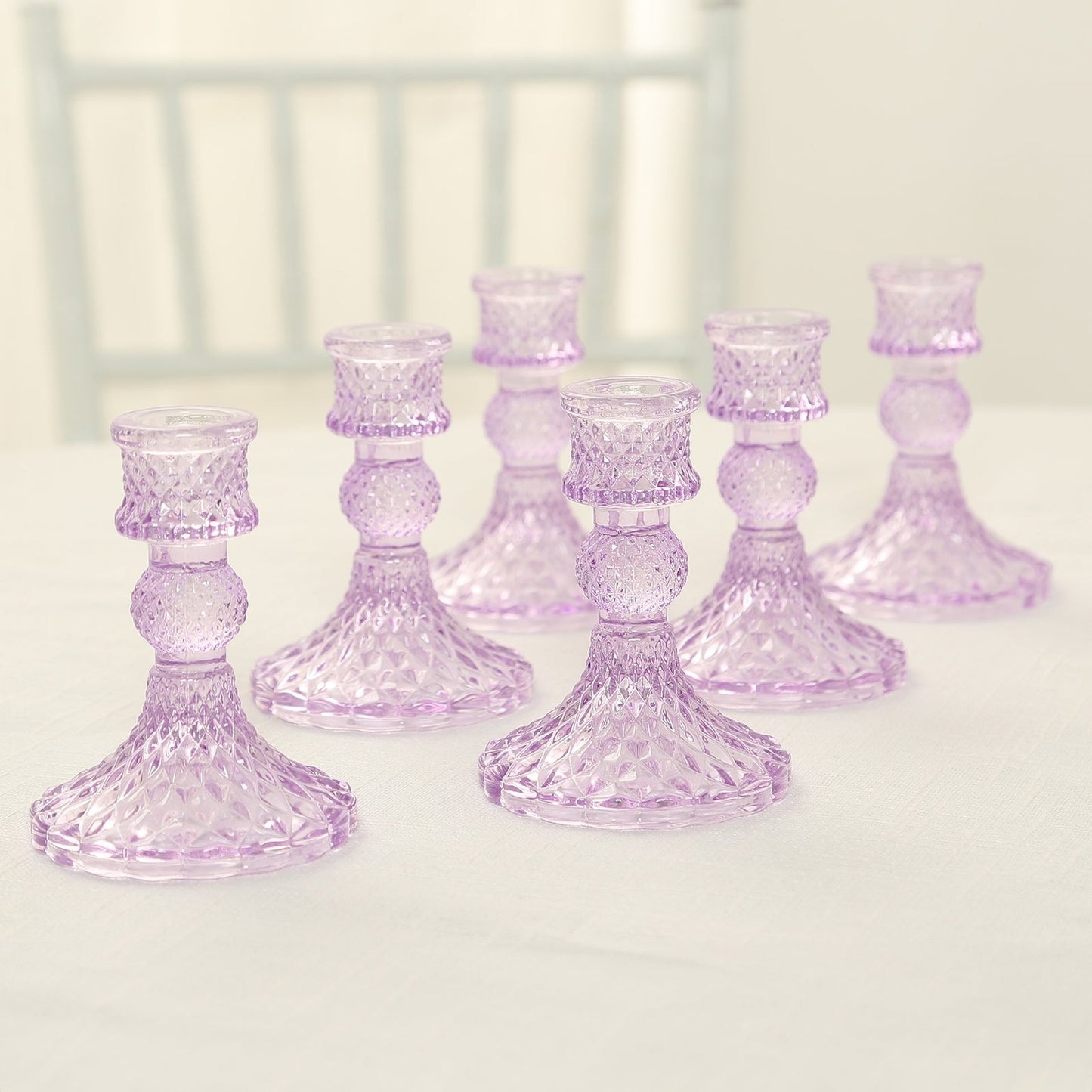 6-Pack Glass Taper Candlestick Holders Diamond Pattern Design Lavender Lilac - Reversible Crystal Pillar Votive Stands 4"