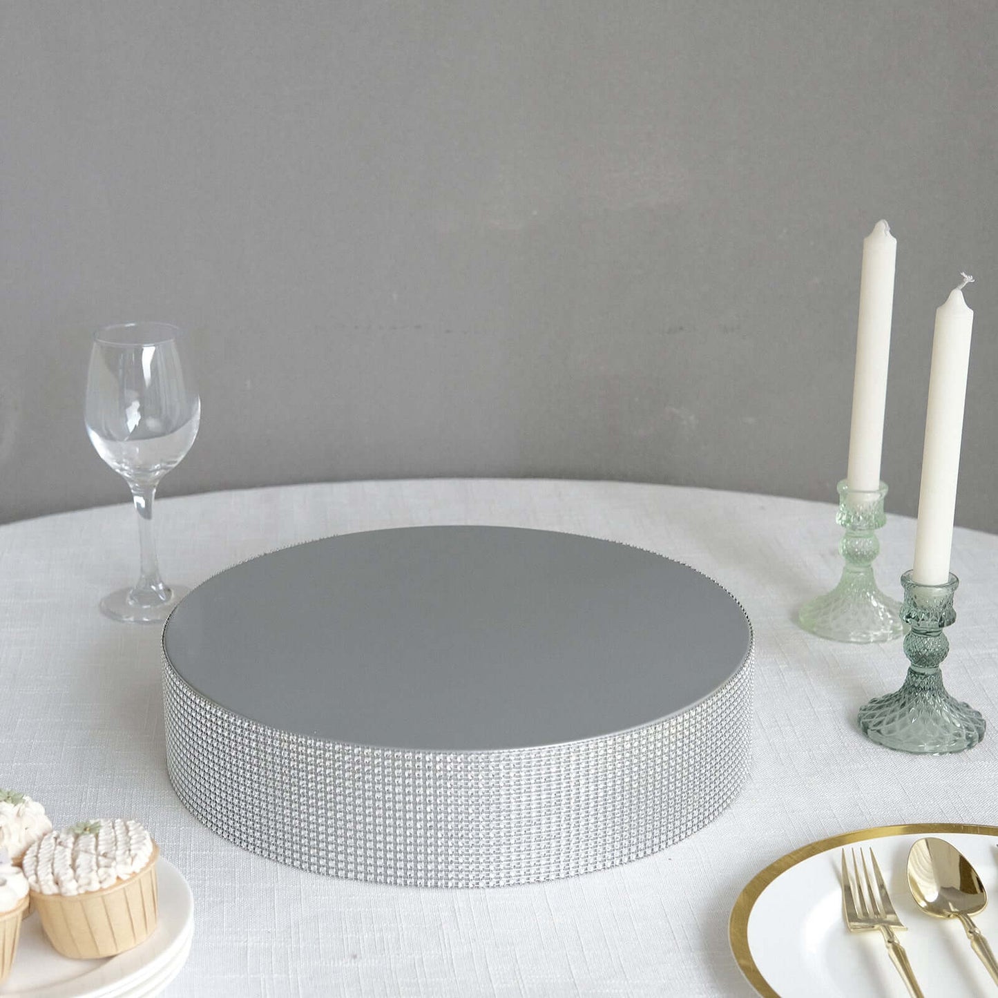 Metal Pedestal Cake Stand Round Design with Rhinestones Silver - Cupcake Holder and Dessert Table Centerpiece 14"