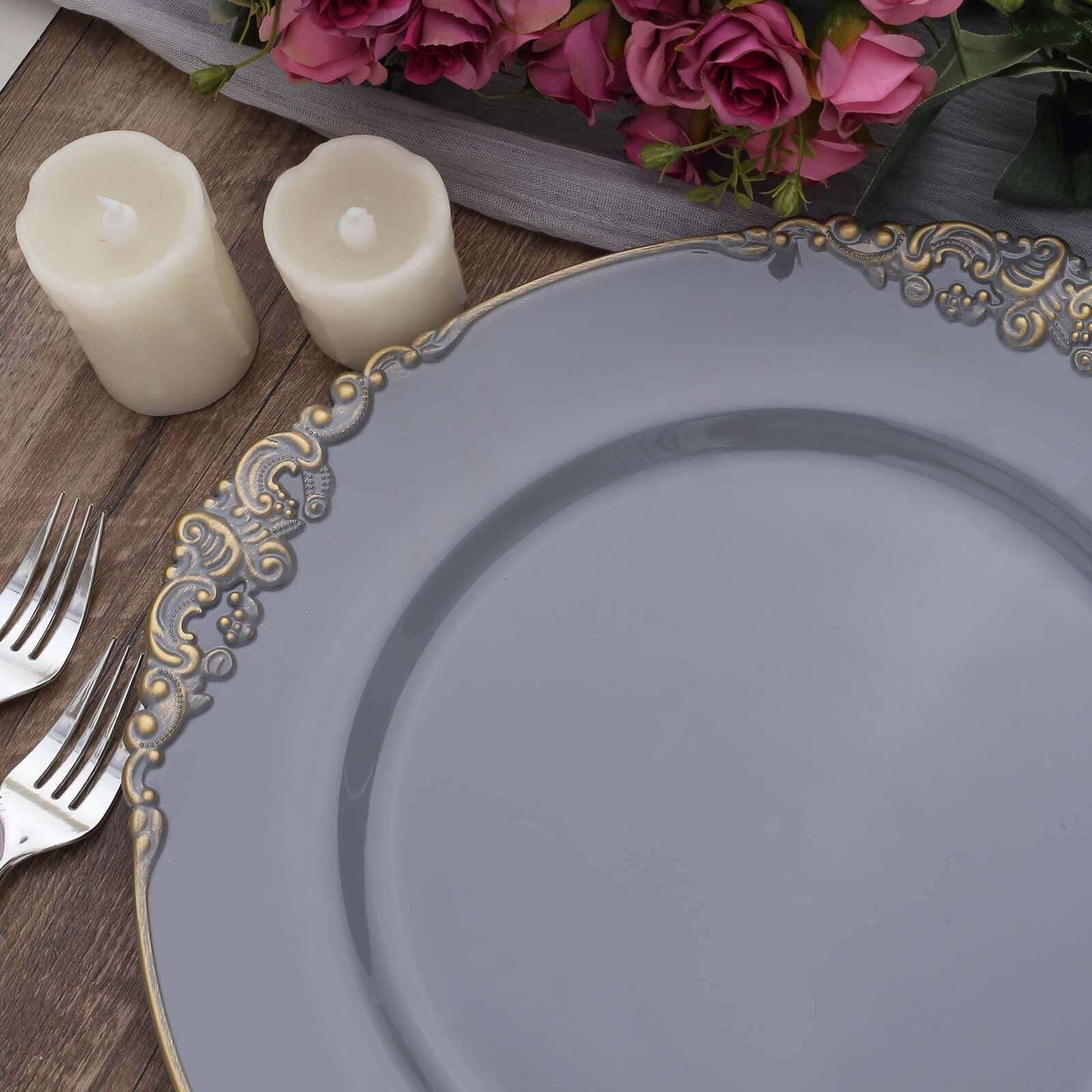 6-Pack Acrylic Round Charger Plates 13" in Charcoal Gray with Gold Embossed Baroque Rim, Antique Decorative Dinner Party Charger Tableware