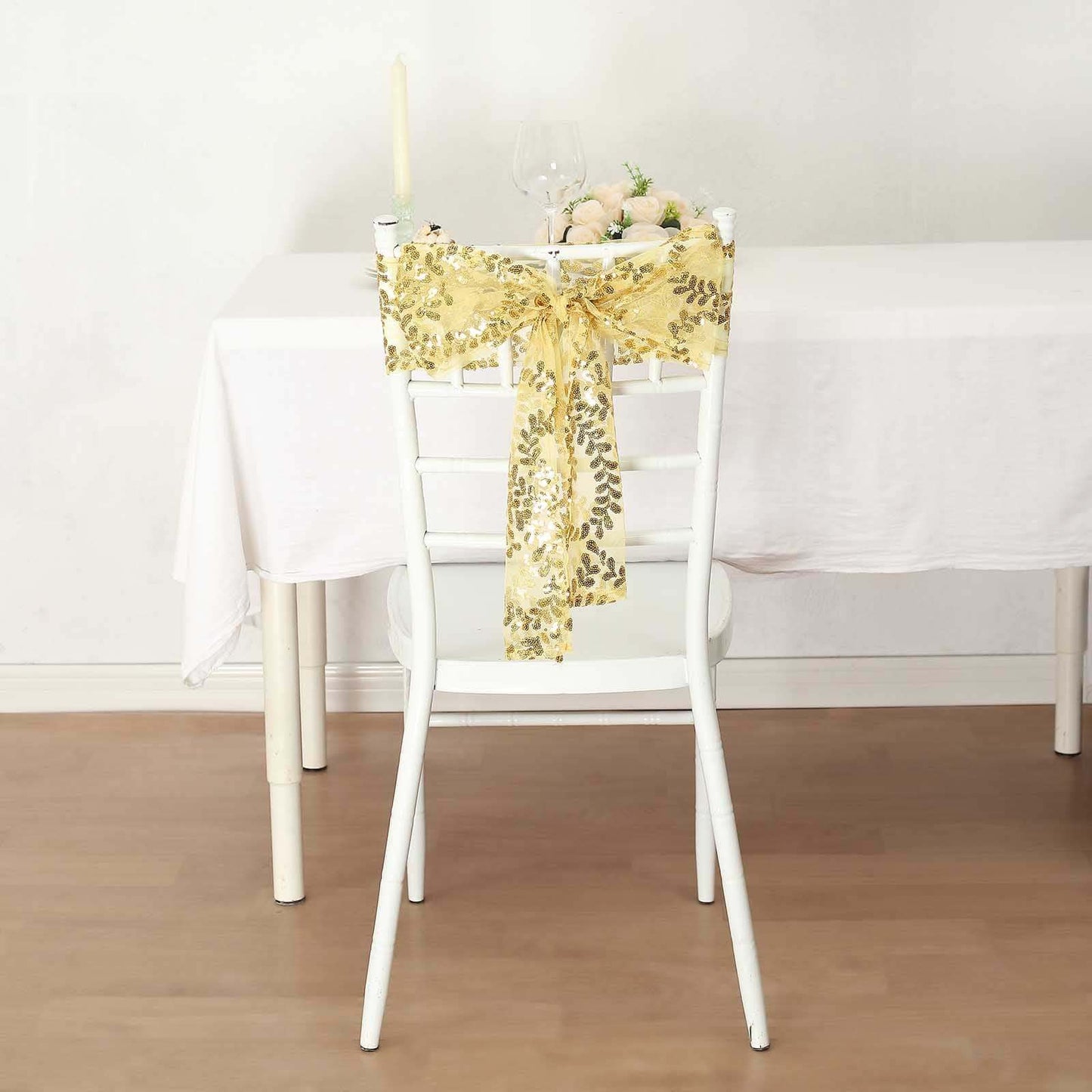 5 Pack Tulle Chair Sashes with Leaf Vine Embroidered Sequins Gold 6"x88" - Stylish Decor for Weddings