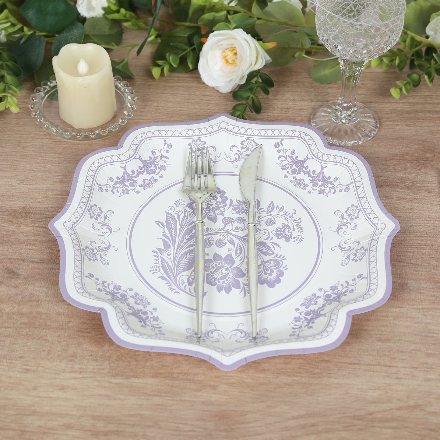 25-Pack Paper Dinner Plates in White Lavender Lilac Damask Floral Print & Scallop Rim - Stylish Disposable 300GSM Floral Party Plates 10"