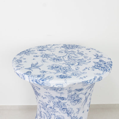 Spandex Round Cocktail Table Cover – Blue & White French Toile 30’’ Highboy Stretch Fitted Tablecloth - Tablecloths
