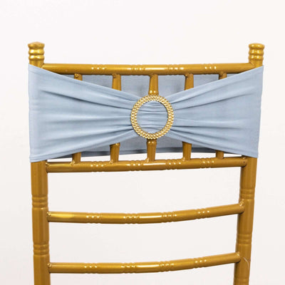 5 Pack Spandex Chair Sashes Dusty Blue with Gold Rhinestone Buckles - Reusable Four-Way Stretch Sash Bands 5"x14"
