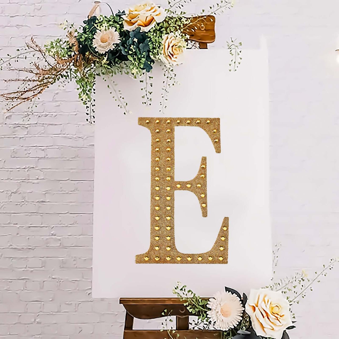 Decorative Rhinestone Alphabet "E" Letter Stickers, Glitter Adhesive Craft Letters Gold DIY Sparkle Embellishments 8"