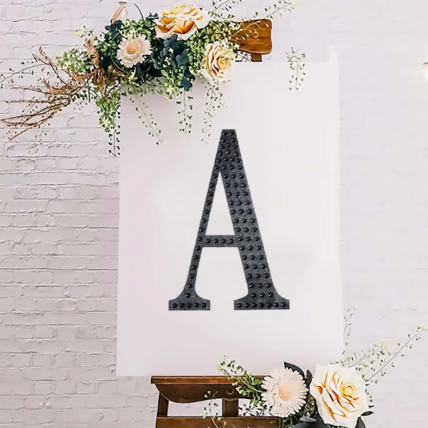 Decorative Rhinestone Alphabet "A" Letter Stickers, Glitter Adhesive Craft Letters Black DIY Sparkle Embellishments 8"