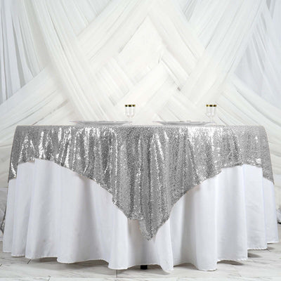 Sequin 90"x90" Table Overlay Square Tablecloth Silver - Sparkly Table Cover