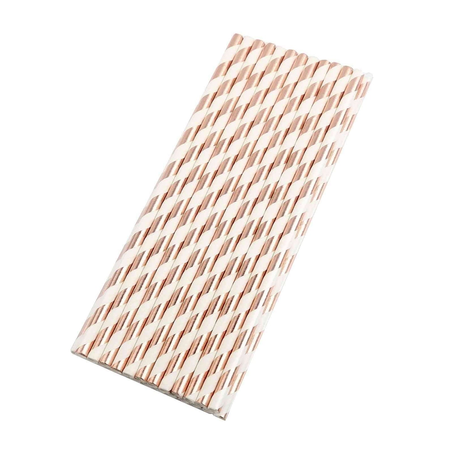 25-Pack Paper Straws White/Rose Gold Striped - Stylish Disposable Straws for Drinks 8"