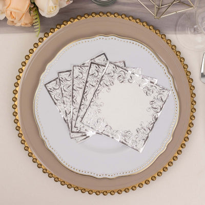 20-Pack Paper Beverage Napkins with Silver Foil Lace Design White - 3 Ply Disposable 18GSM European Style Cocktail Napkins 5"x5"