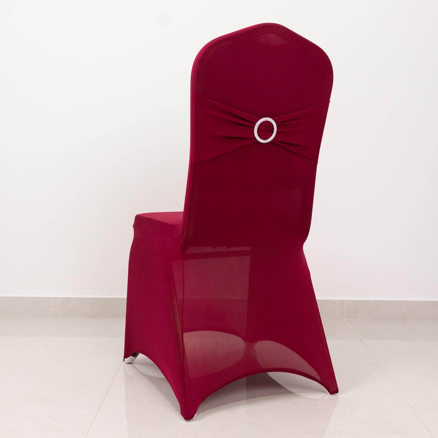 Spandex Chair Cover with Silver Rhinestone Buckled Sash Band Burgundy - Stretch Fitted Slipcover