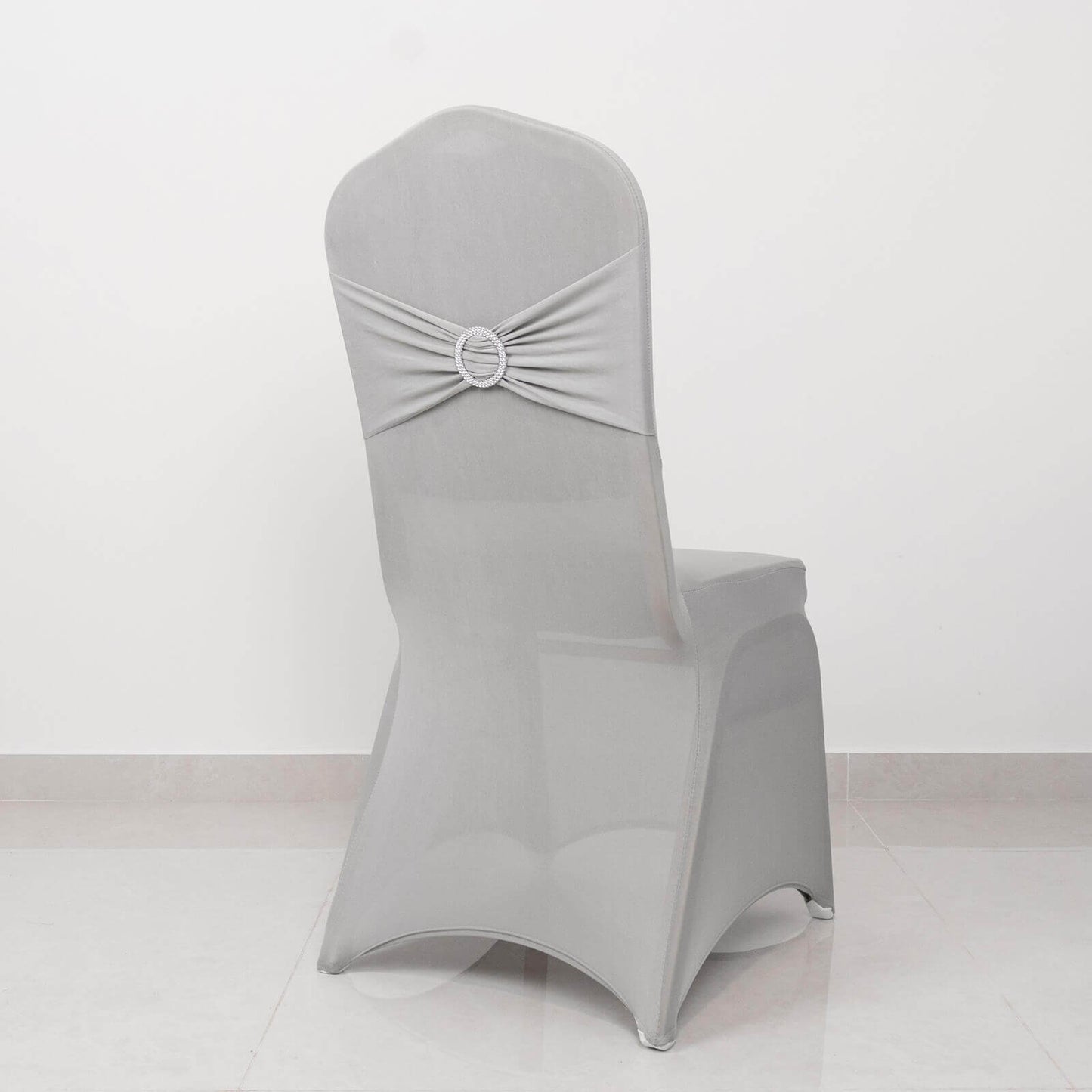 Spandex Chair Cover with Rhinestone Buckled Sash Band Silver - Stretch Fitted Slipcover