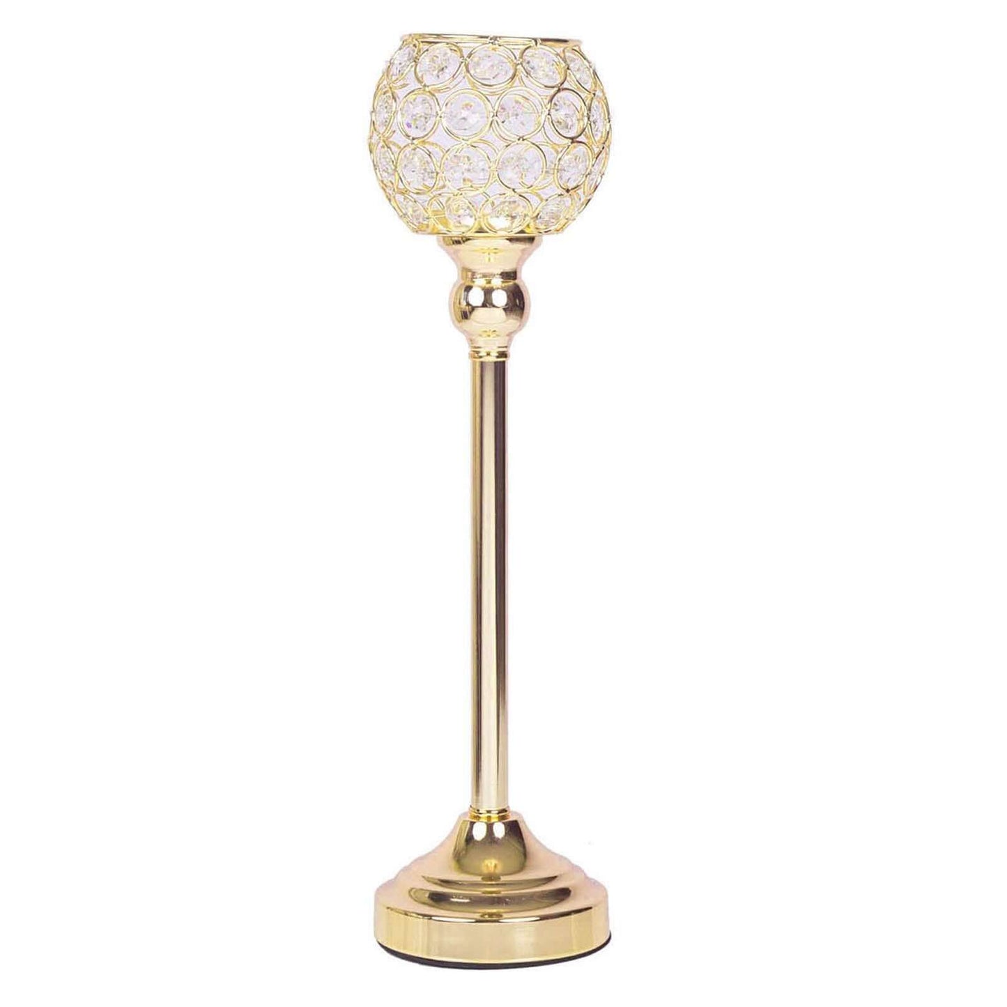 Crystal Votive Pillar Holder Metal 16" Gold - Chic Round Tealight Stand for Events
