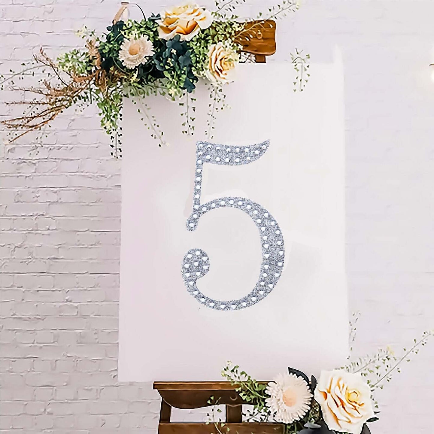 Decorative Rhinestone Number "5" Stickers, Glitter Adhesive Craft Numbers Silver DIY Sparkle Embellishments 8"