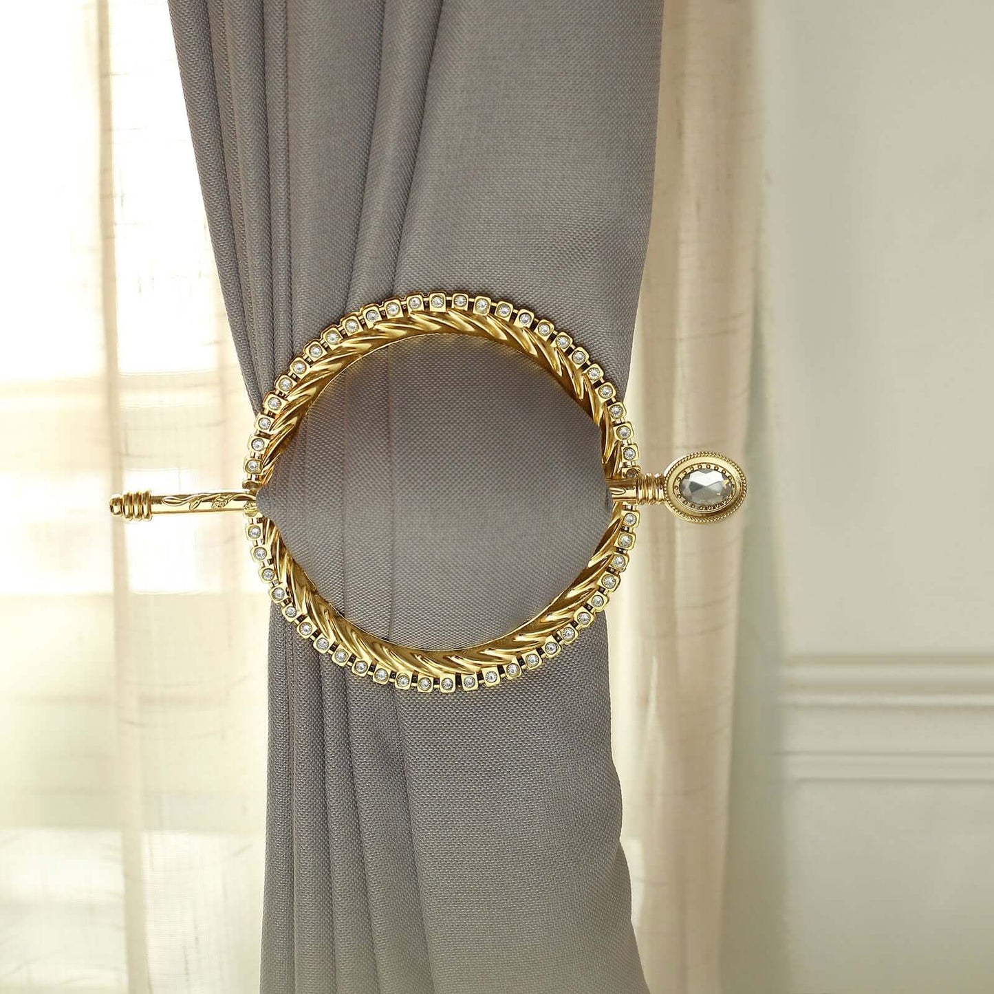 Set of 2 6" Gold Acrylic Braided Barrette Style Curtain Tie Backs With Crystal Diamond Studded Edge, Round Backdrop Drapery Brooch Holdbacks