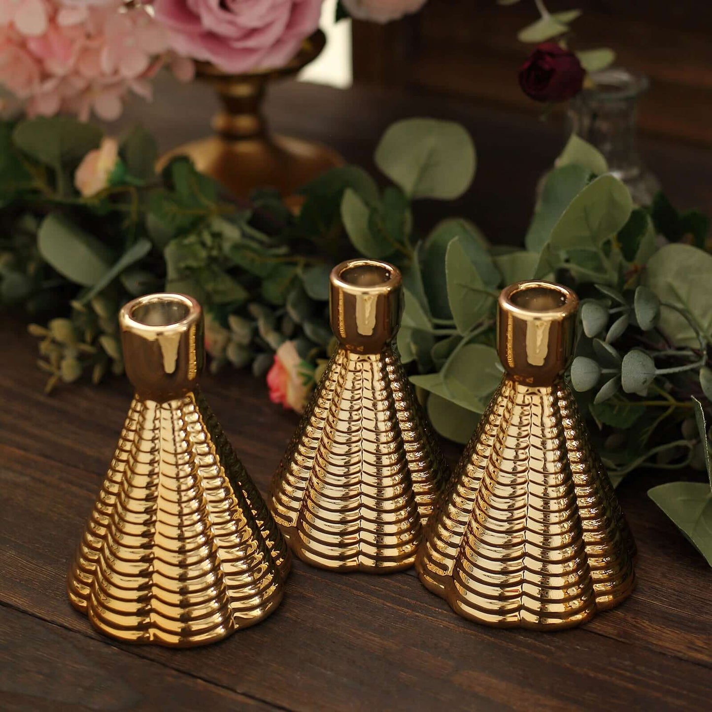 3-Pack Ceramic Taper Candle Holders Ribbed Cone Shaped Design Metallic Gold - Candlestick Stands for Decor 5"